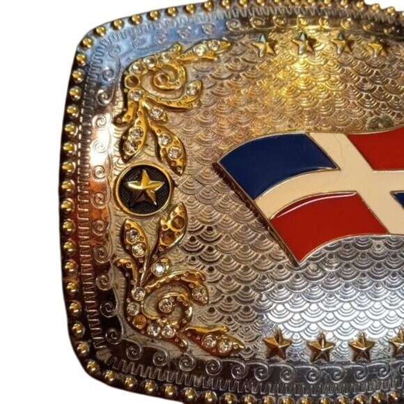 Belt Buckle Flag Dominican Republic Clear Stones Silver Gold Enamel Stars Foral - Picture 3 of 11